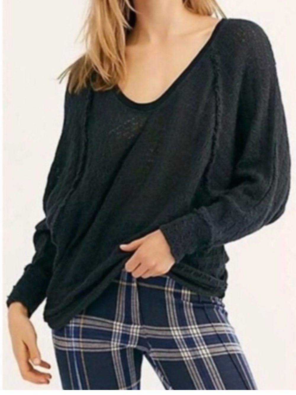 We The Free Black Open-Knit Scoop Neck Sweater